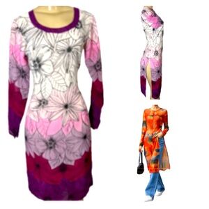 Floral Long Sleeve Blouse Top/Dress in Pink and Purple Split Hem Round Neck